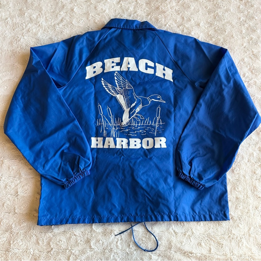 Vintage Beach Harbor Jacket Womens Large Blue Duck Staff Spell Out Bird 80s USA